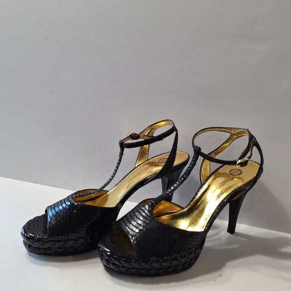Audrey Brooke Black Yesenie Leather Snake T-Strap Platform Stiletto Heels 8.5 - Picture 7 of 13